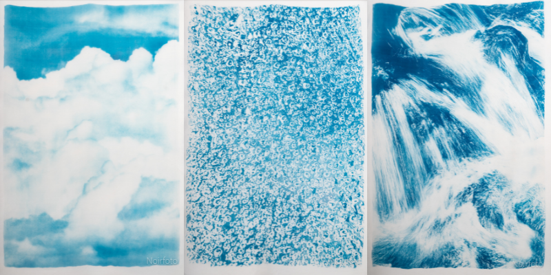 Những tác phẩm của Phạm Tuấn Ngọc trong BST “Eternal Flow”. Bộ tác phẩm này được in thủ công với cyanotype trên lụa đã qua xử lý đặc biệt, thể hiện các hình thái khác nhau của nước để để kể câu chuyện về nguyên tố cơ bản, cổ xưa và quan trọng nhất của trái đất, đồng thời cũng là câu chuyện của tình yêu.