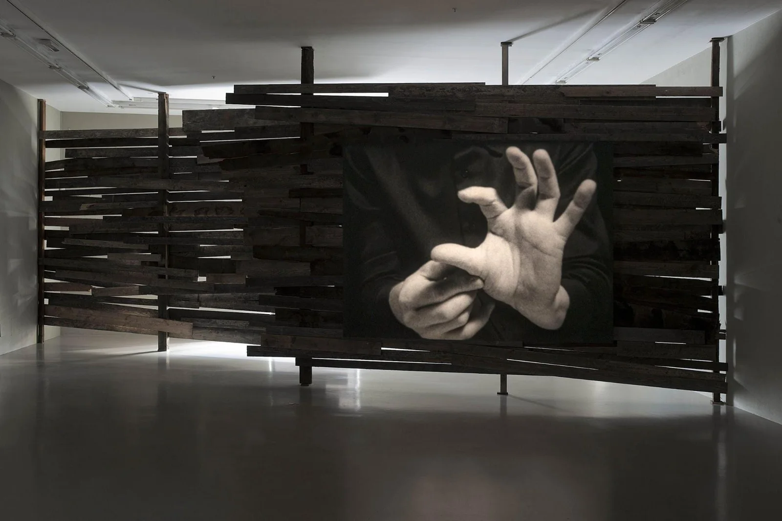 Joachim Koester, Of Spirits and Empty Spaces, 2012. Ông đã phóng ảnh lên tấm ván gỗ của ngôi nhà bị phá bỏ và đưa vào không gian nghệ thuật.